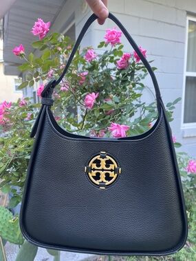 Tory Burch Miller  Black Leather Shoulder Hobo with Gold Logo